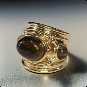 18k Gold Plated Byzantine Tigers Eye Stone Wide Band Ring